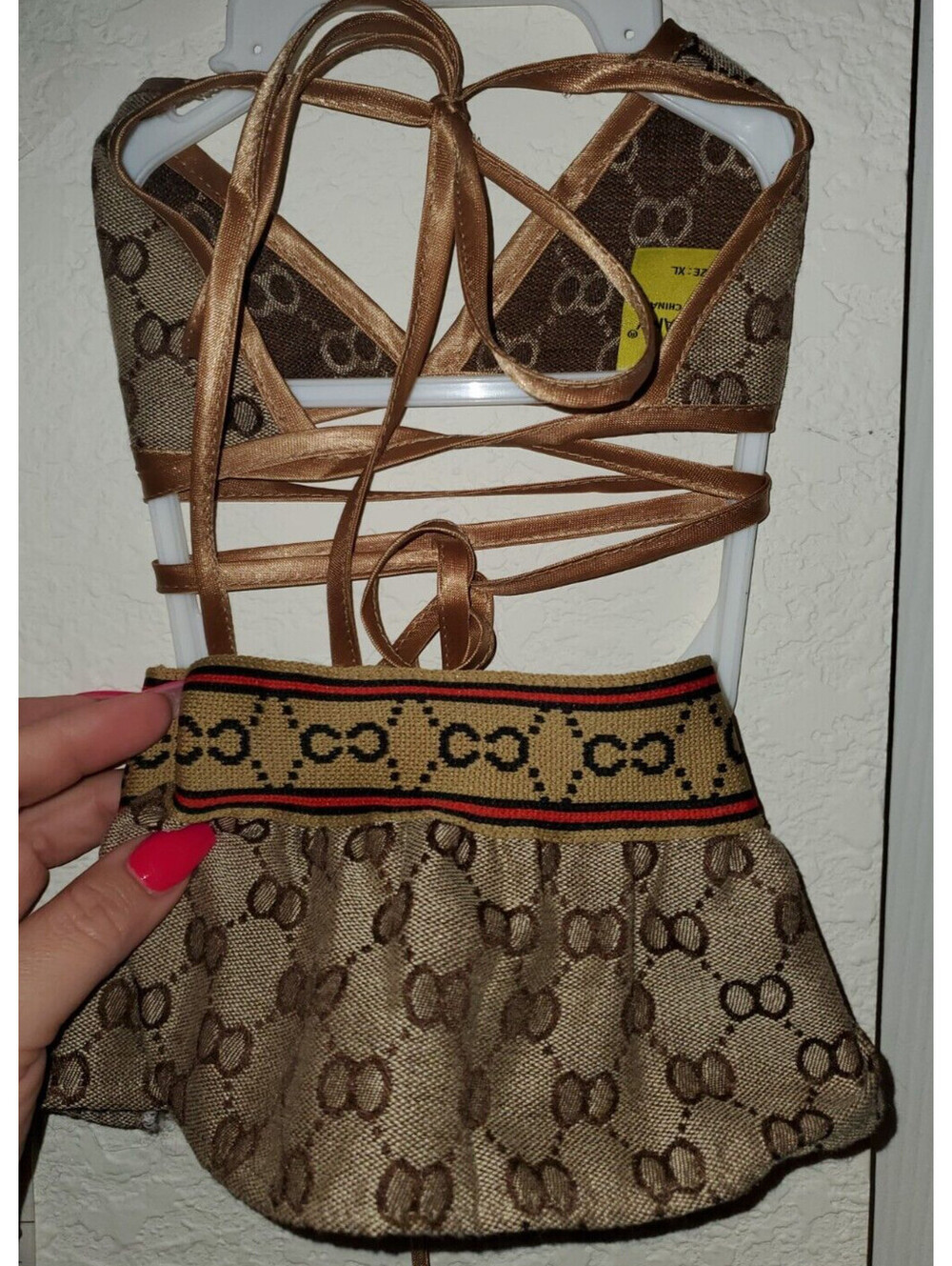 ANGELAMY FASHION DOG PET TAN LOGO SKIRT & BIKINI TOP SET SIZE: XL - Picture 2 of 4
